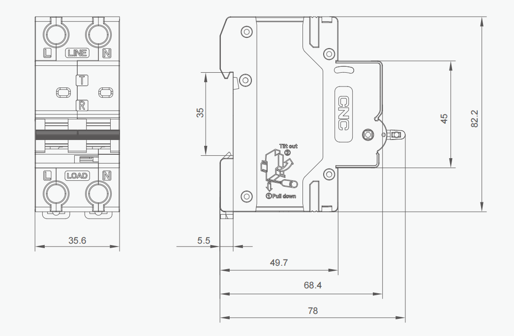AFDD9LE-63Y Arc Fault Detection Device (AFDD+RCBO) Overall and mounting dimensions(